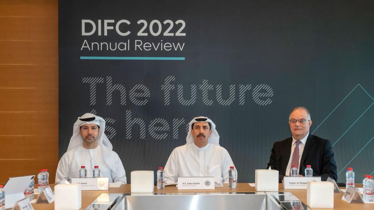 Essa Kazim, governor of DIFC; Arif Amiri, chief executive officer of DIFC Authority; and other officials at the media briefing in Dubai on Monday. — Supplied photo