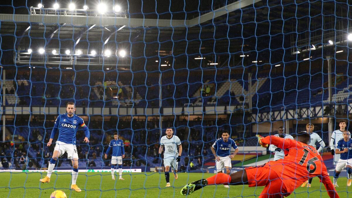 Everton's Gylfi Sigurdsson a goal from penalty spot during the English Premier League  match against Chelsea. — AP