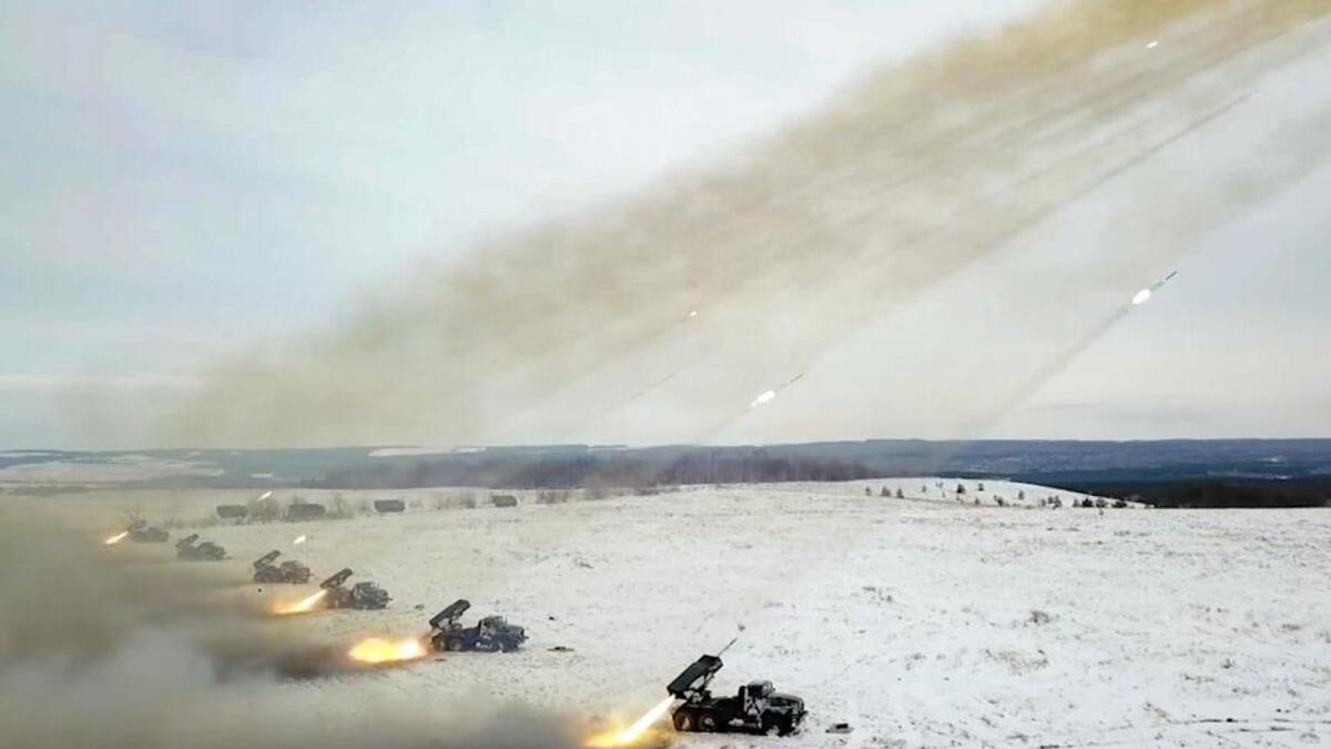 Russian rocket launchers fire during military drills near Orenburg in the Urals, Russia. — AP file