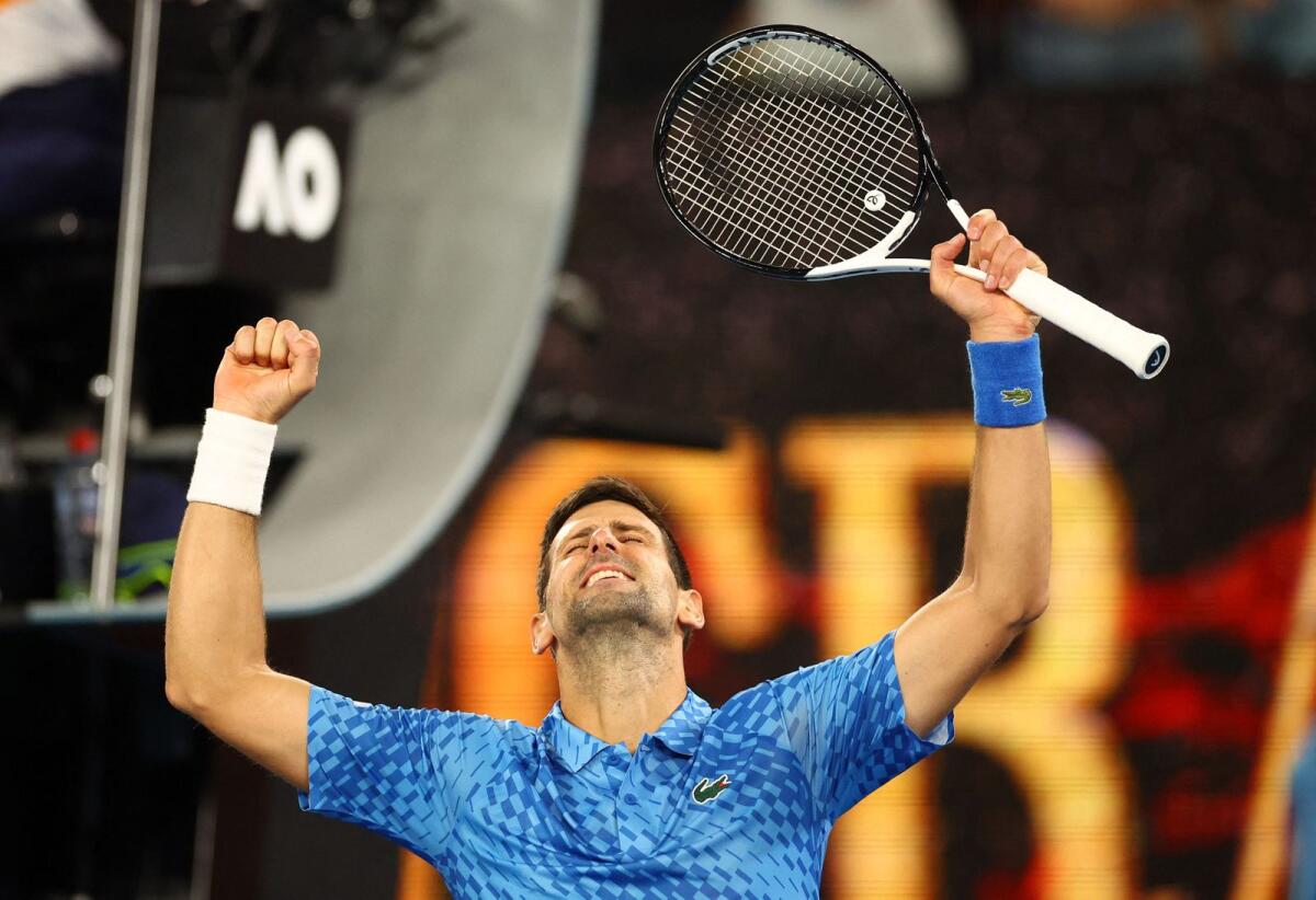 Serbia's Novak Djokovic celebrates winning his first round match against Spain's Roberto Carballes Baena. — Reuters