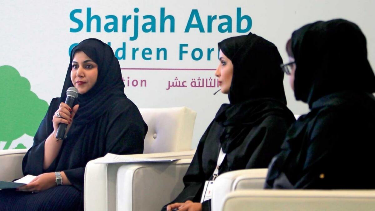 Aysha Al Kaabi speaks during a Press conference to announce 13th Sharjah Arab Children Forum at Mughaider Child Centre in Sharjah on Monday as other officials look on. — Photo by M. Sajjad