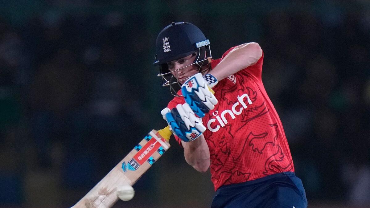 England's Harry Brook plays a shot during the third T20 International against Pakistan in Karachi on Friday. — AP
