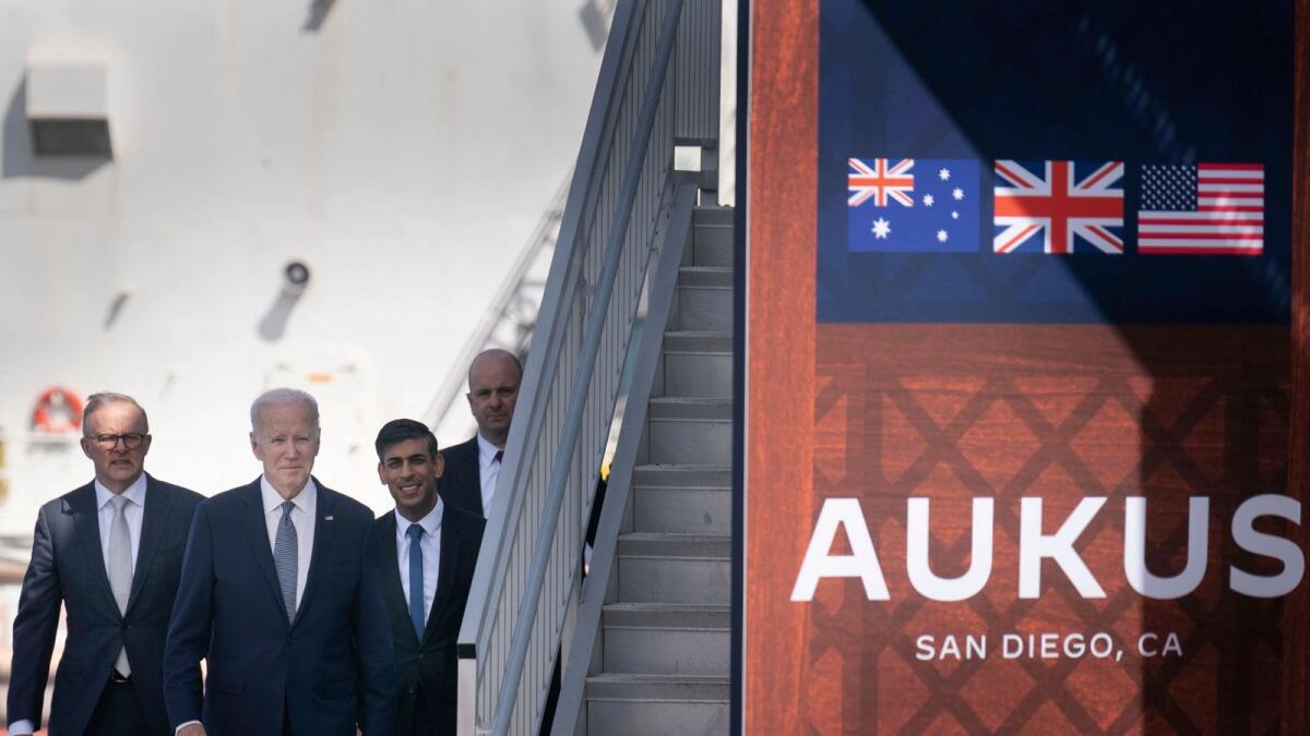 Britain's Prime Minister Rishi Sunak walks during a meeting with US President Joe Biden and Australian Prime Minister Anthony Albanese at Point Loma naval base in San Diego, California, on March 13, 2023. -- AP file