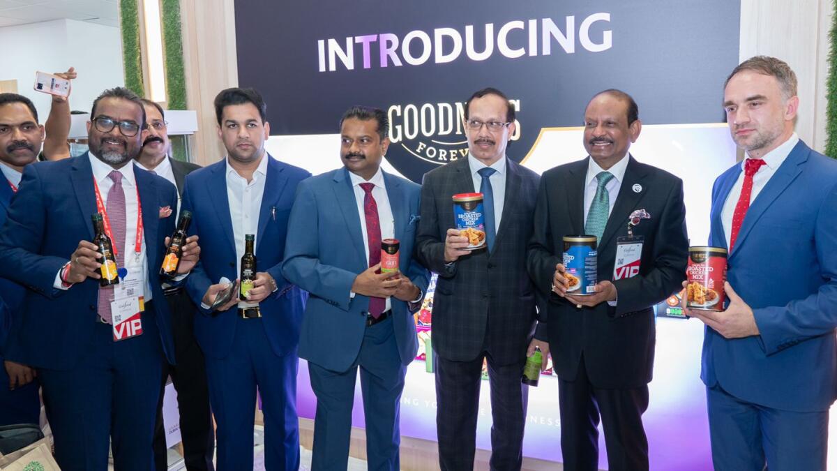 Yusuff Ali MA, CMD of Lulu Group, Salim VI, Chief Operations Officer, Nandakumar V, Director Of Communications, Shamim Sainalabdheen, Director Lulu Private Labels and other officials during products launch on the sidelines of Gulfood 2022. — Supplied photo