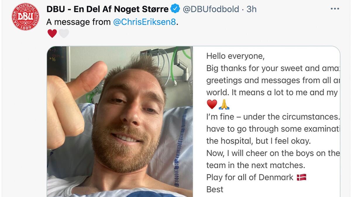 A combo image issued by the DBU of Christian Eriksen gesturing from his hospital bed and the message that he sent to accompany the photo. (AP)