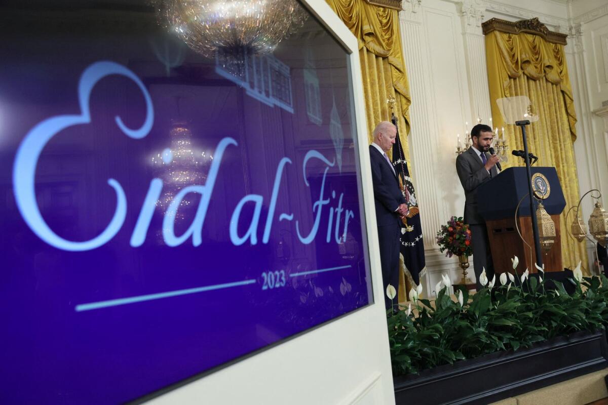 Imam Zia Makhdoom speaks a few words and delivers a prayer as U.S. President Joe Biden hosts a reception to celebrate Eid Al Fitr, at the White House. Photo: reuters