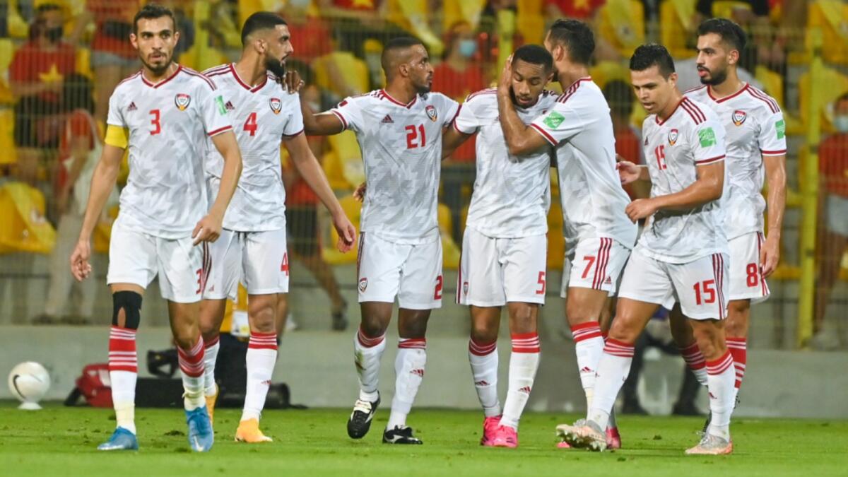 The UAE players celebrate a goal. (Photo by M. Sajjad)