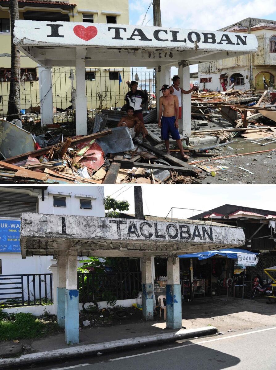 People standing under a roadside shelter for public transport surrounded by debris washed inland in Tacloban city, Leyte province on November 10, 2013 (top) after Super Typhoon Haiyan made landfall, and a view of the shelter ten years later on October 9, 2023 (bottom).  — AFP
