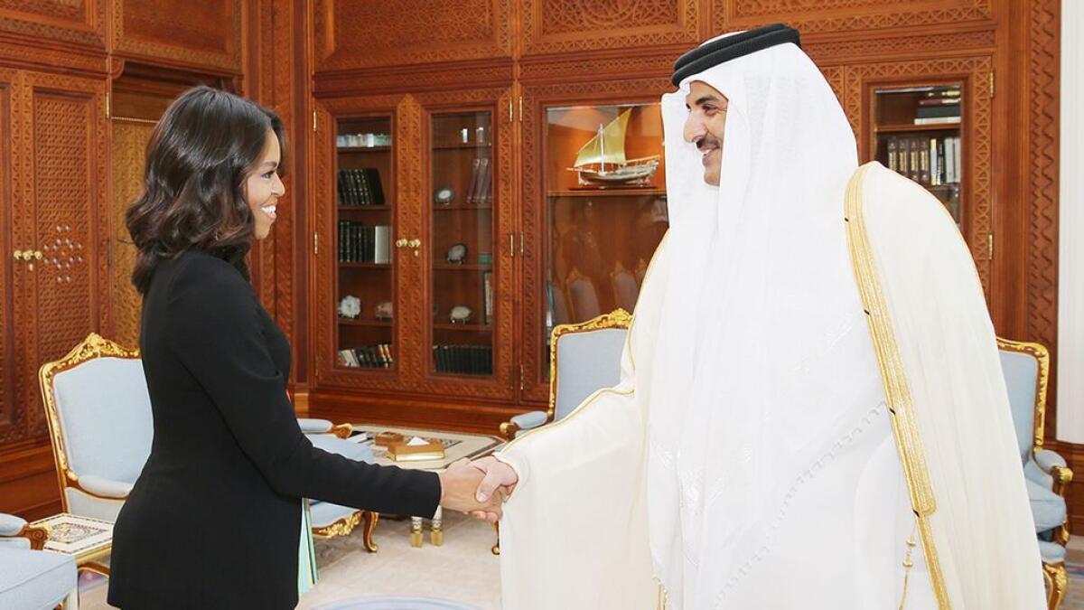 Michelle Obama with Amir of Qatar, His Highness Shaikh Tamim bin Hamad Al Thani
