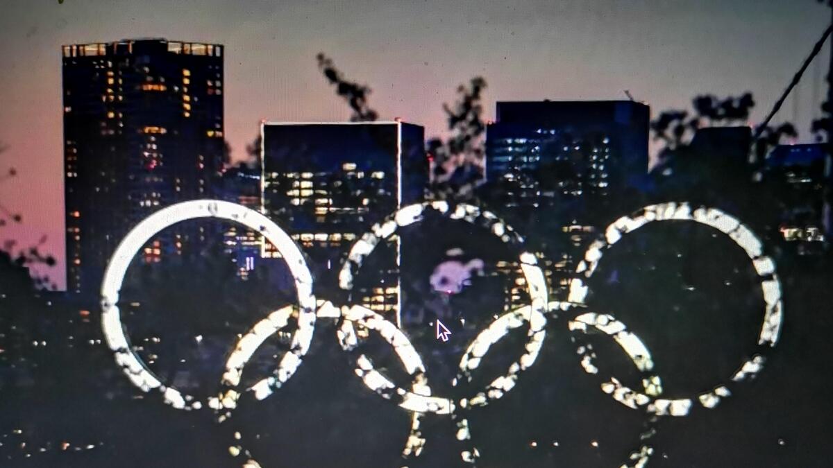 The giant Olympic rings are seen in the dusk through a tree at the waterfront area at Odaiba Marine Park after postponing the  Games due to the outbreak of the coronavirus disease, in Tokyo, Japan. - Reuters