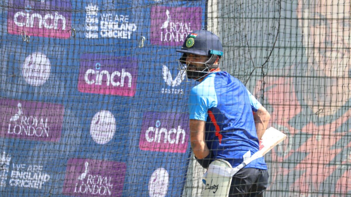 India's Virat Kohli bats in the nets at Old Trafford on Saturday. — BCCI