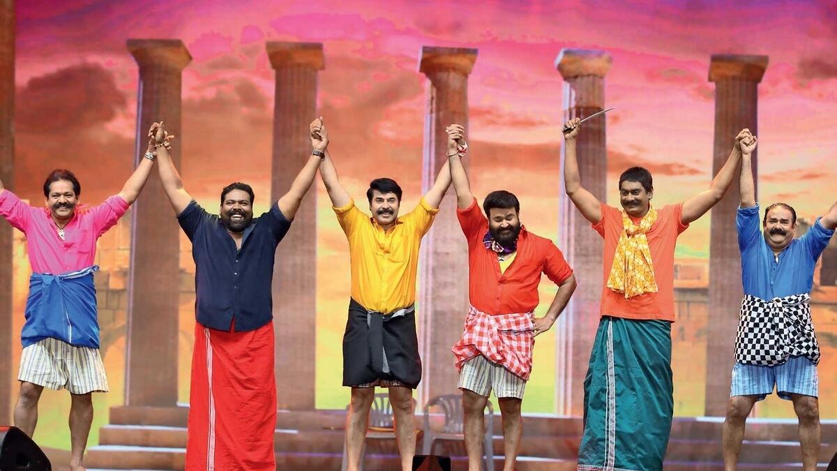 Mammootty and Mohanlal were among the 65 Amma members who performed skits that focused on saving the earth, in Abu Dhabi on Friday.— Supplied photo