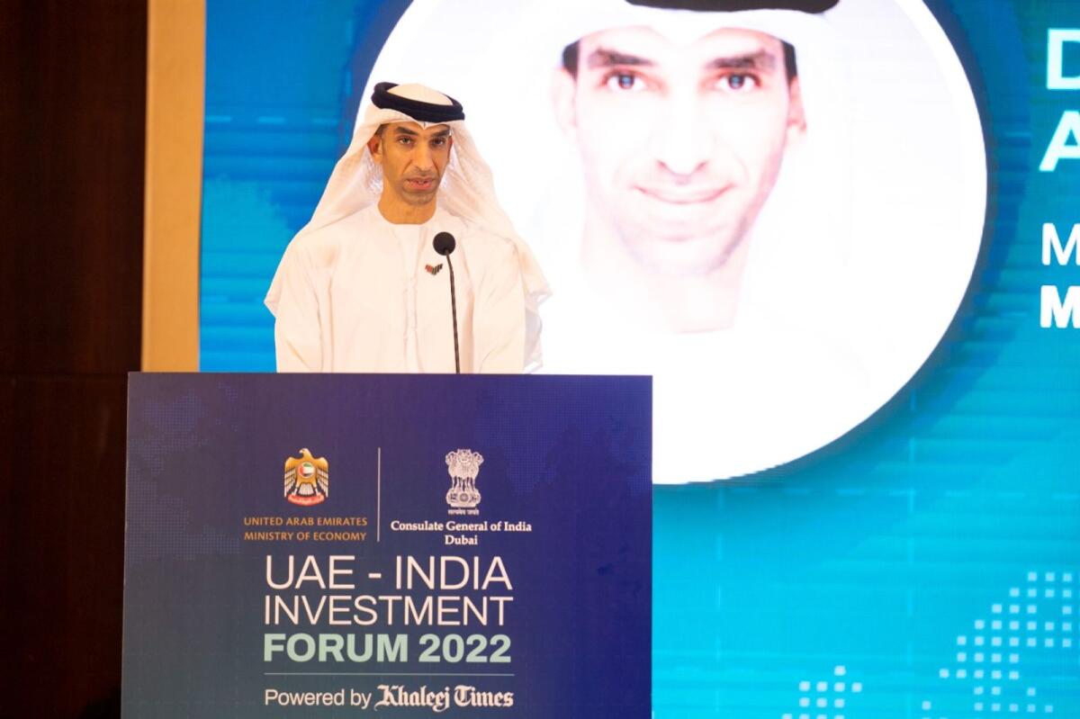 Dr Thani Bin Ahmed Al Zeyoudi, Minister of State for Foreign Trade at the opening Keynote Address in the UAE-India Investment Forum powered by Khaleej Times in Dubai on Tuesday 15 March 2022. Photo by Shihab