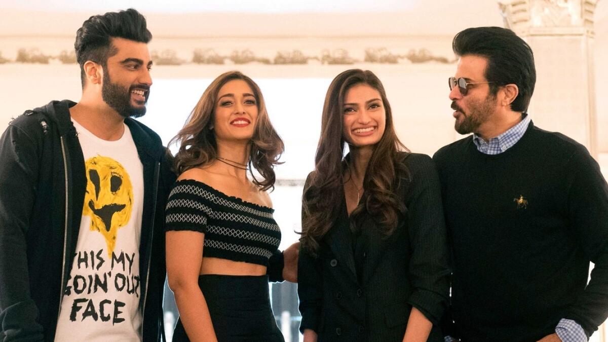 Indian actors Arjun Kapoor (L), Ileana DCruz (2L), Athiya Shetty (2R) and Anil Kapoor pose during a photo call to promote their upcoming Bollywood comedy, Mubarakan.  