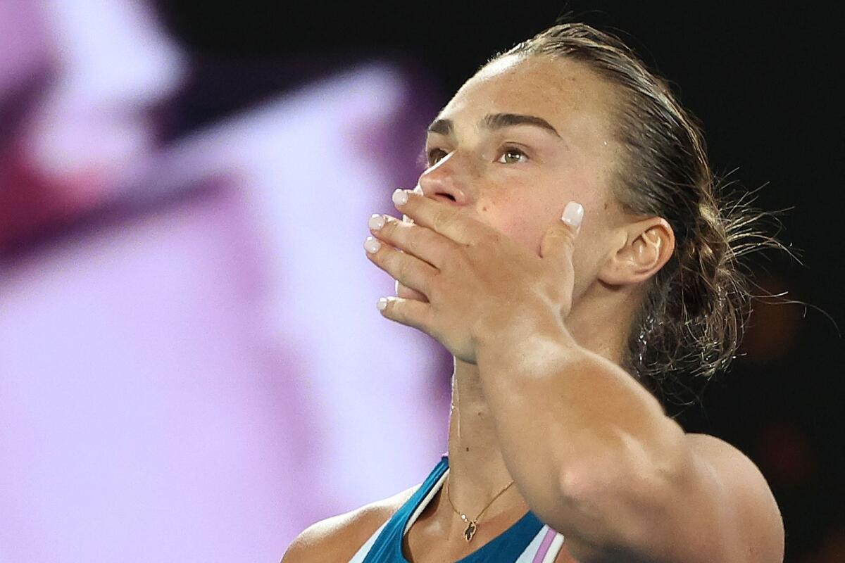 Belarus' Aryna Sabalenka celebrates her victory over Poland's Magda Linette. — AFP