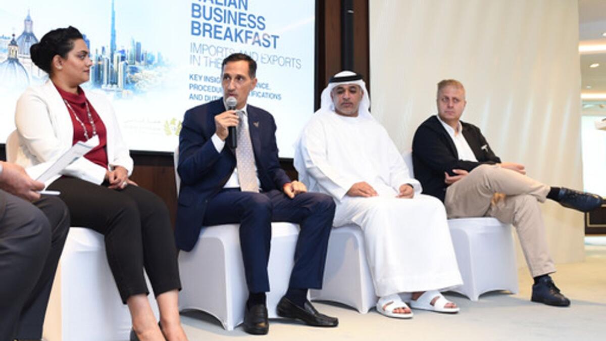 Massimo Falcioni and Rashid Al Muhairi at a panel organised by the Italian Business Council on the future trends of exports and imports in the GCC. — Wam