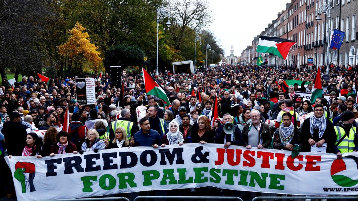 People attend a protest in solidarity with Palestinians in Gaza, amid the ongoing conflict between Israel and the Palestinian group Hamas, in Dublin, Ireland on Saturday. — Reuters
