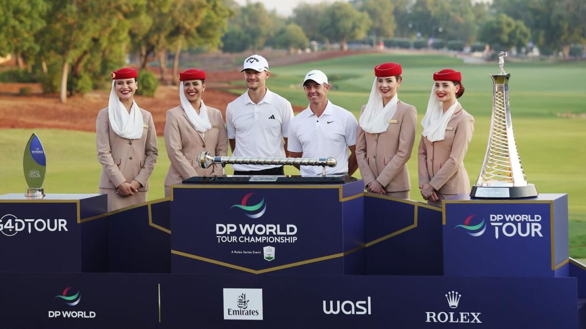 Nicolai Hojgaard and Rory McIlroy at the prize presentation of the DP World Tour Championship and Race to Dubai on the DP World Tour. = Supplied photo