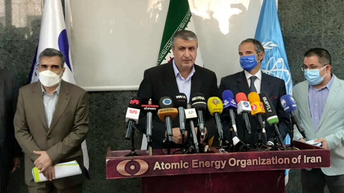 Mohammad Eslami speaks during a joint press briefing with IAEA Director-General  Rafael Grossi in Tehran. — AP