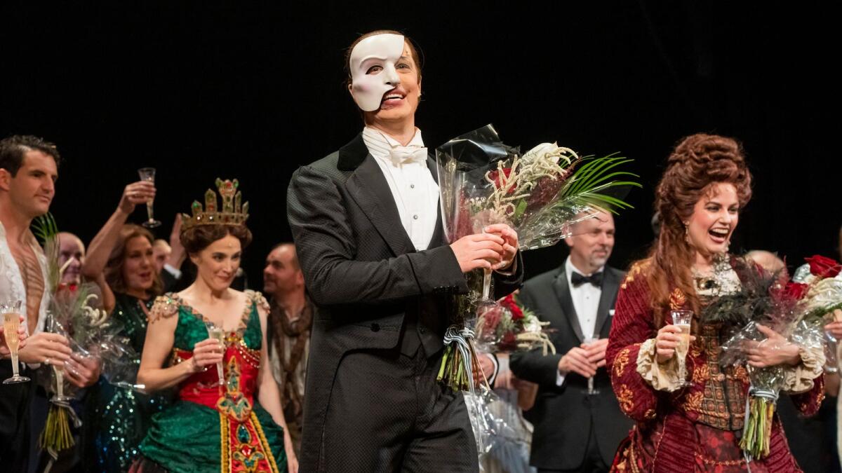 'The Phantom of the Opera' cast appear at the curtain call following the final Broadway performance at the Majestic Theatre on Sunday, April 16, 2023, in New York. (Photo by Charles Sykes/Invision/AP)