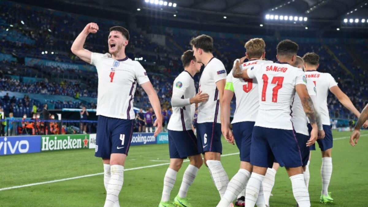 England players celebrate a goal against Ukraine. (Euro 2020 Twitter)