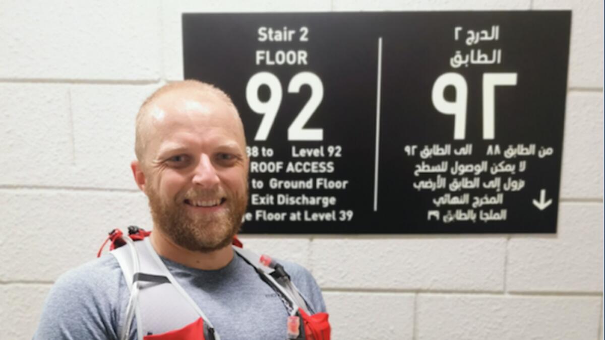 One climb up the 92 floors of his apartment building in Abu Dhabi takes Chris around 30 minutes