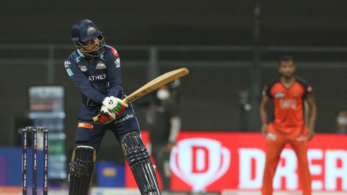 Rashid Khan of the Gujarat Titans hits a six during the match against the Sunrisers Hyderabad. (BCCI)
