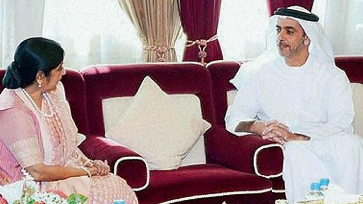 2014- Lt-Gen. Shaikh Saif bin Zayed Al Nahyan, Deputy Prime Minister and Minister of Interior, with India’s External AffairsMinister Sushma Swaraj during a meeting in Abu Dhabi.—PTI