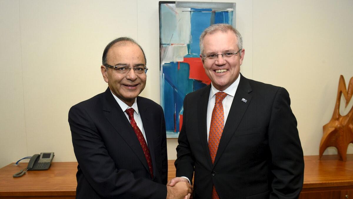 Australias Treasurer Scott Morrison  meets with Indias Minister for Finance Arun Jaitley in Sydney.