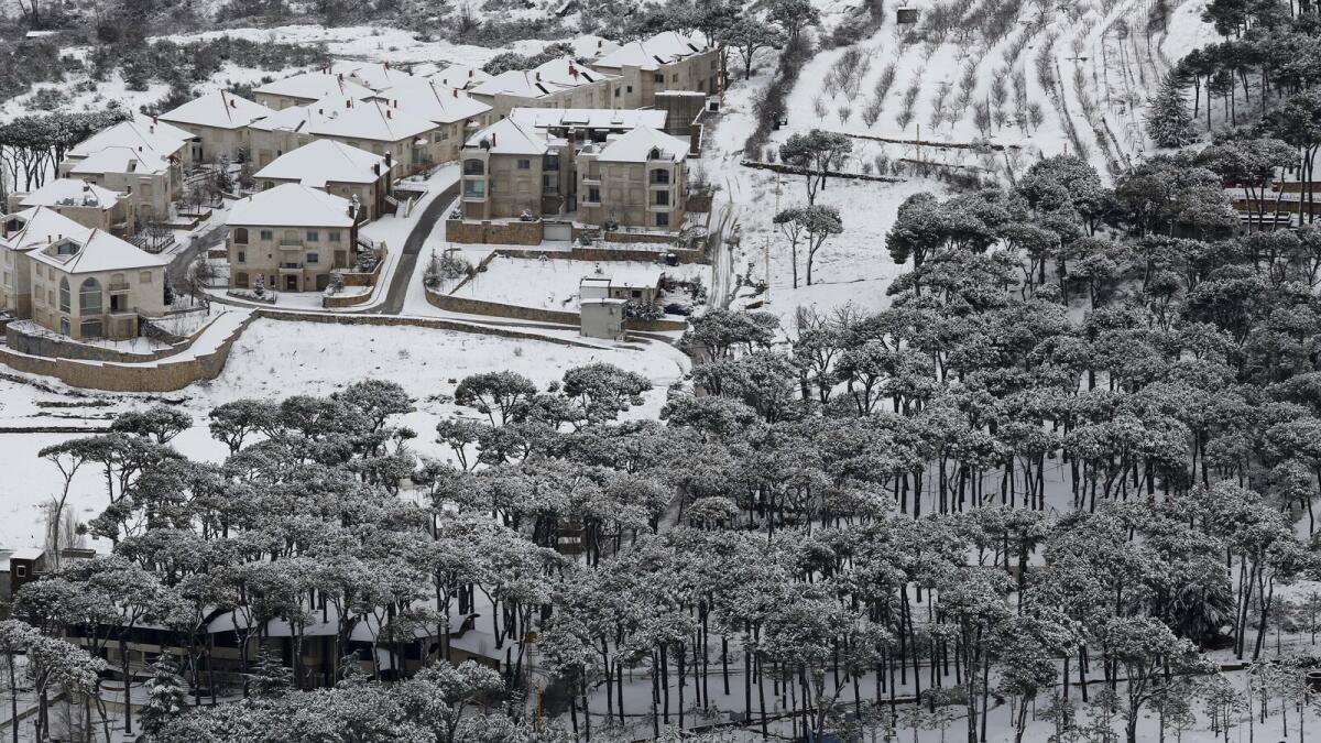 Pine trees and houses covered by the snow, in Hammana village, mount Lebanon, Monday, Jan. 25, 2016. (AP photo)
