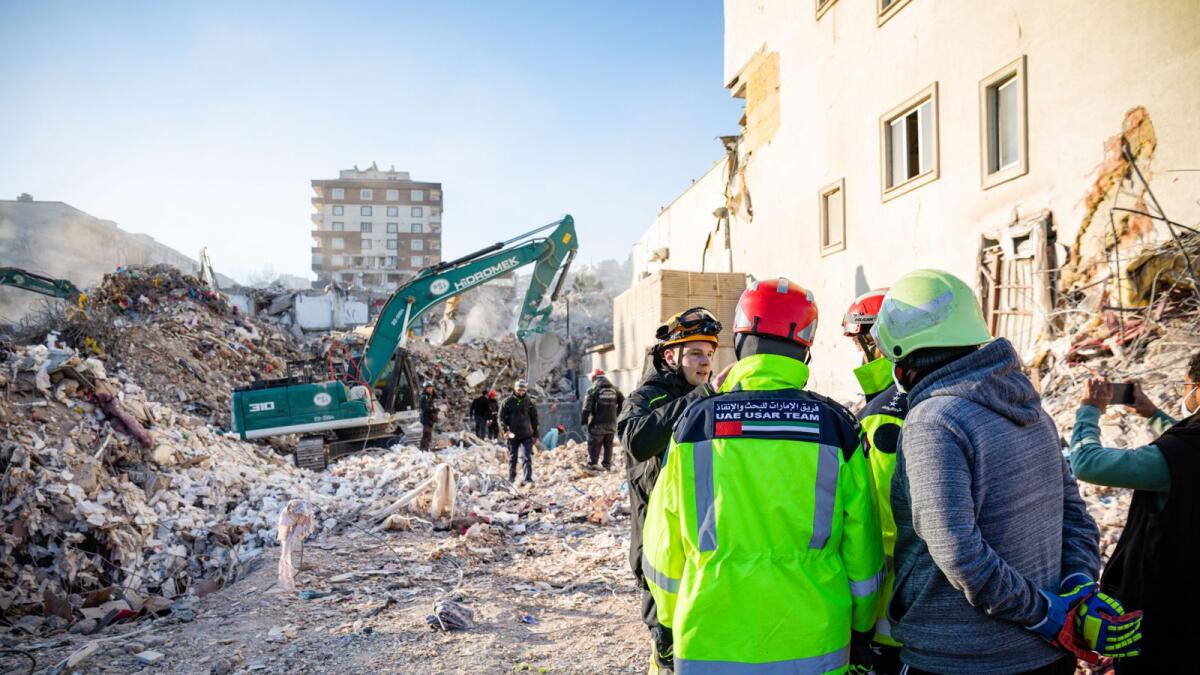 UAE search and rescue team working at a rubble site after a 7.8 magnitude earthquake shook Turkey in early February. Photo by Neeraj Murali.