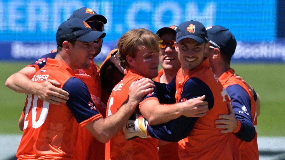 The Netherlands players celebrate their win over South Africa. — AFP