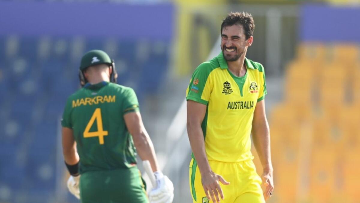 Mitchell Starc smiles during the match against South Africa in Abu Dhabi. (ICC Twitter)