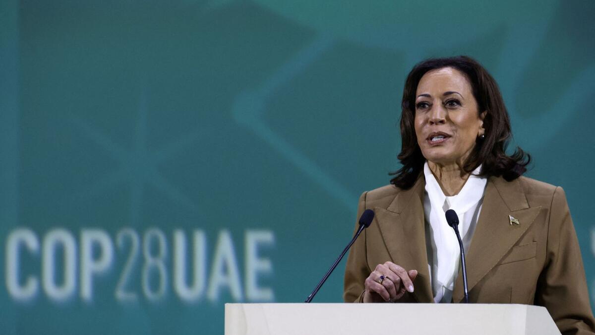 US Vice-President Kamala Harris delivers a speech during the United Nations Climate Change Conference COP28, in Dubai. - Reuters