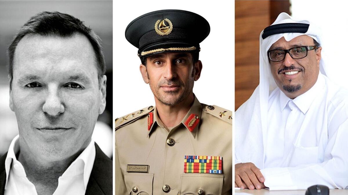 (L-R) Christopher Hudson, president of dmg events; Lt-Gen Abdullah Khalifa Al Marri, commander-in-chief of Dubai Police; and Gen Dhahi Khalfan Tamim, deputy chief of Police and General Security of Dubai