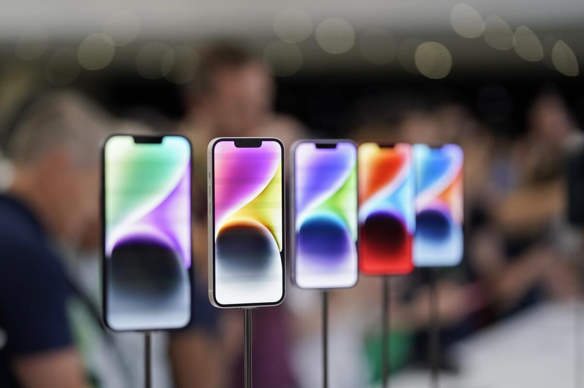 iPhone 14 models on display at an Apple event on the campus of Apple's headquarters in Cupertino, Calif., on September 7, 2022. (AP File Photo)