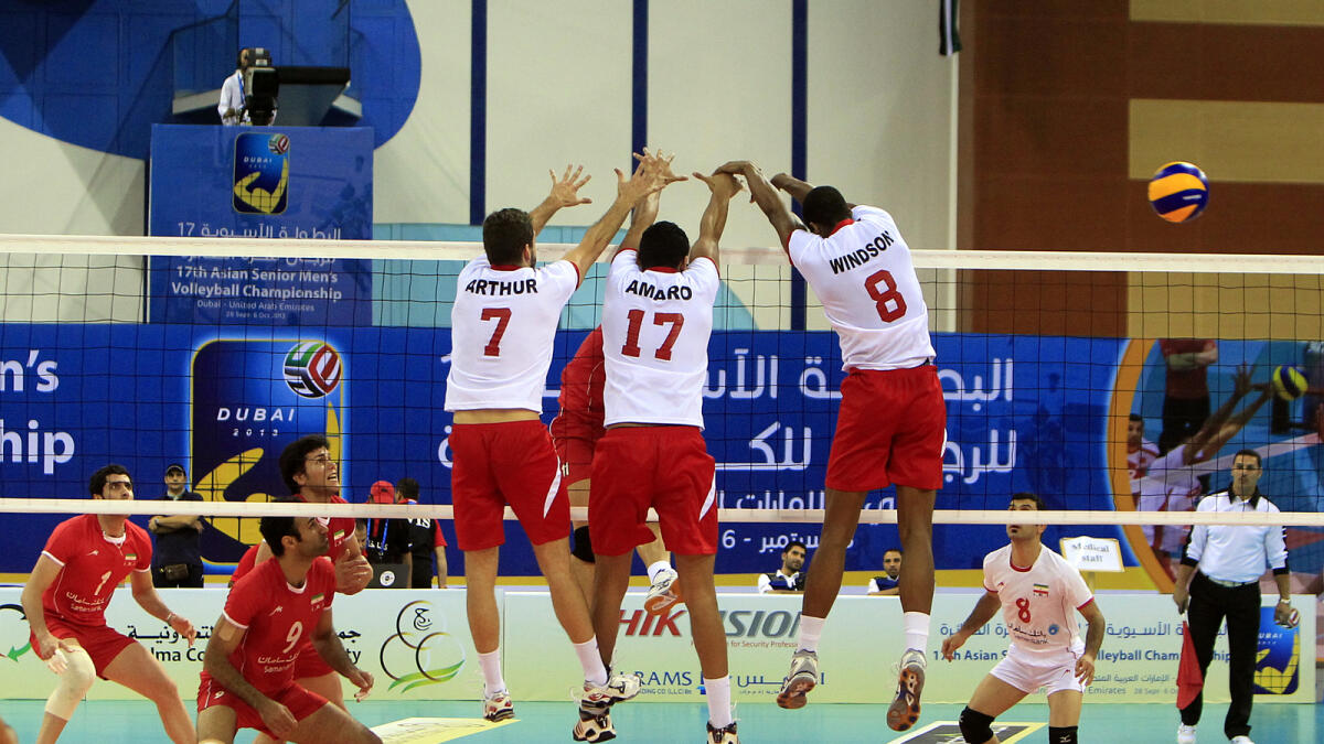 Action from the volleyball match between Iran and Lebanon during the quarterfinals of the 17th Asian Men’s Volleyball championship at Hamdan Sports Complex in Dubai during the year 2013.
