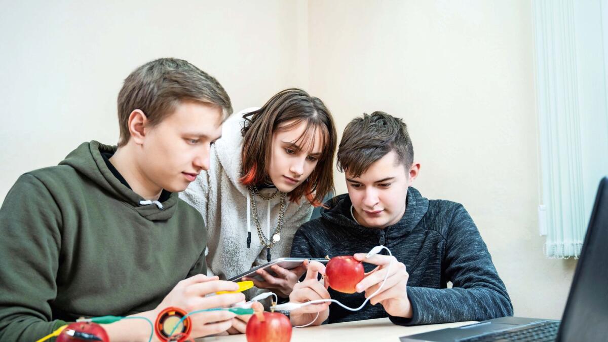 School experiment with apples. School students extract electricity from apples, use of the energy of a chemical reaction. Learning at table STEM and STEAM engineering science education class.
