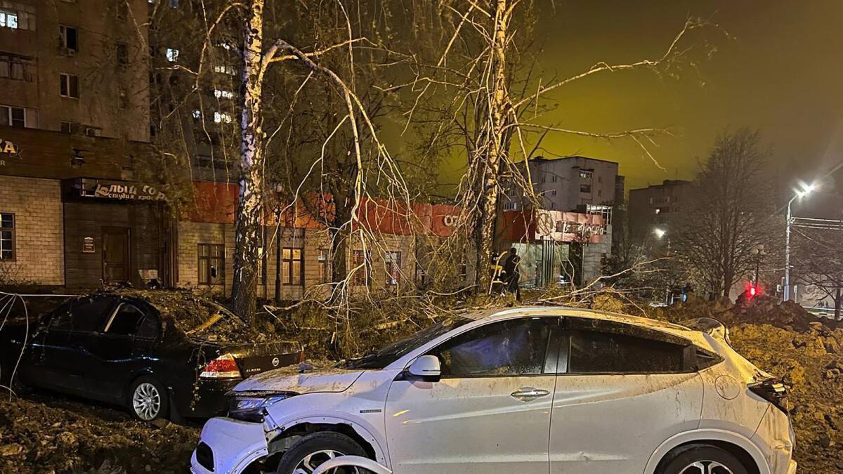 Photo damage after an explosion in the city. Russian authorities reported on April 20, 2023 an explosion in the city of Belgorod near the border with Ukraine, saying the blast left a massive crater in the city centre.— AFP