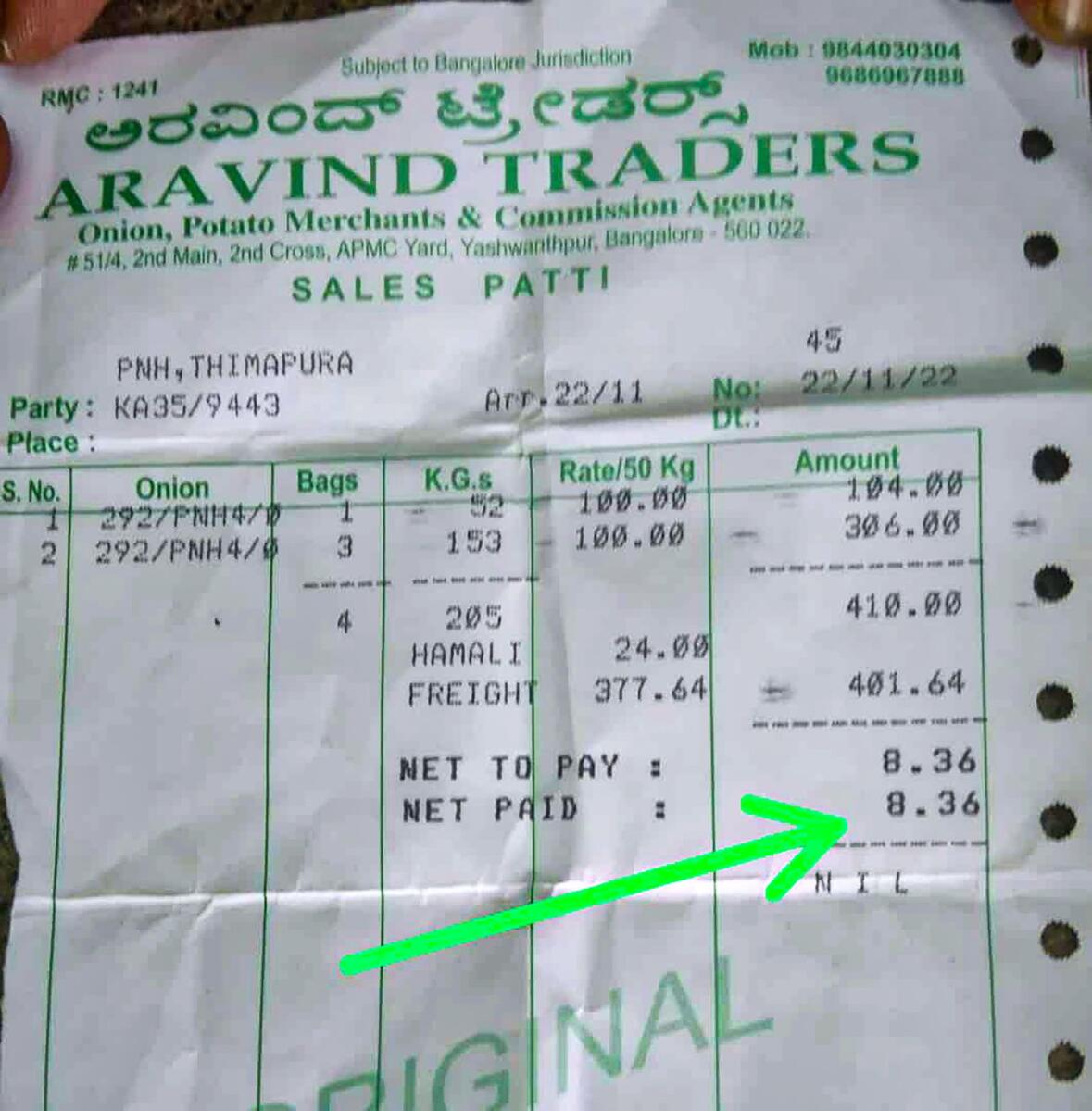 A receipt shows how a farmer from Gadag got just Rs8.36 after selling 205kg of onion in Bengaluru's Yeshwanthpur market. The receipt went viral on social media. — PTI
