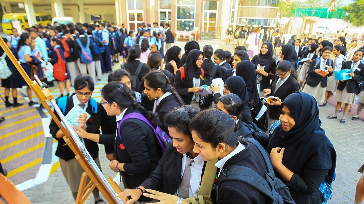 Students checking their roll numbers at Indian High School in Dubai during the first CBSE examination.—KT file photo