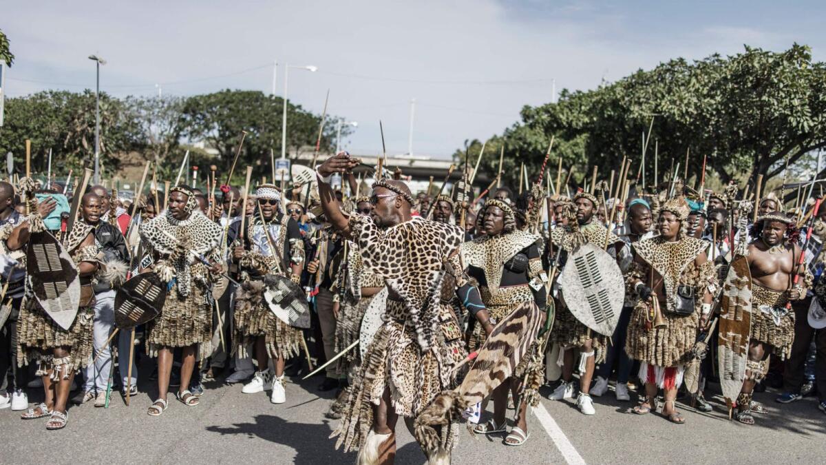 Amabutho, Zulu King regiments, clad in traditional dresses and carrying shields and sticks, march outside the Moses Mabhida Stadium in Durban on Saturday during the handover of the official certificate of recognition for the Zulu King Misuzulu.  — AFP