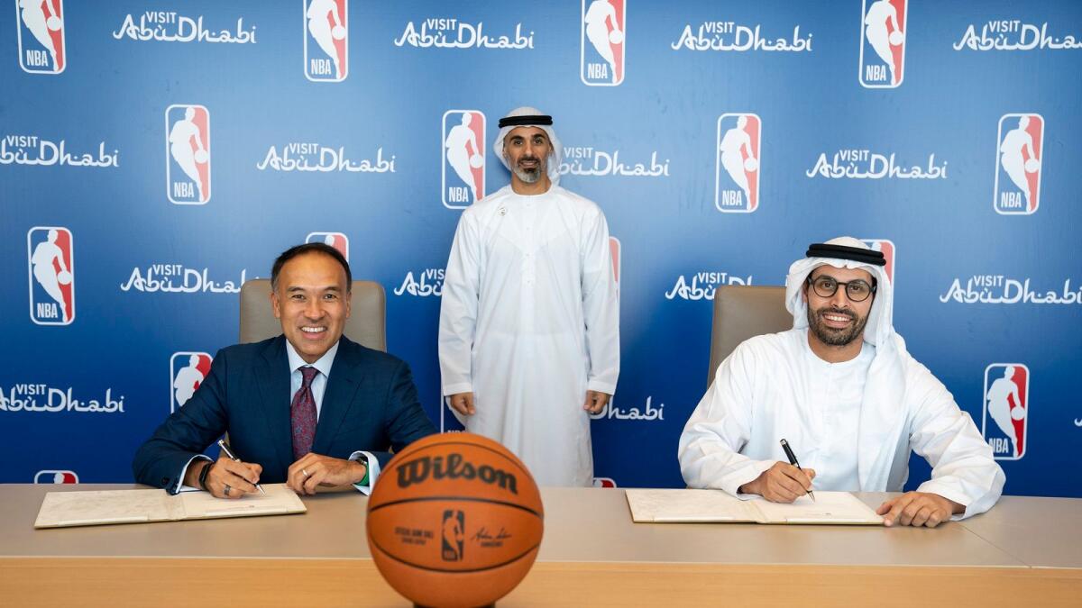 Mohamed Khalifa Al Mubarak, Chairman of the Department of Culture and Tourism (DCT) - Abu Dhabi, and Mark Tatum signed a multi-year partnership agreement on Tuesday. (Supplied photo)