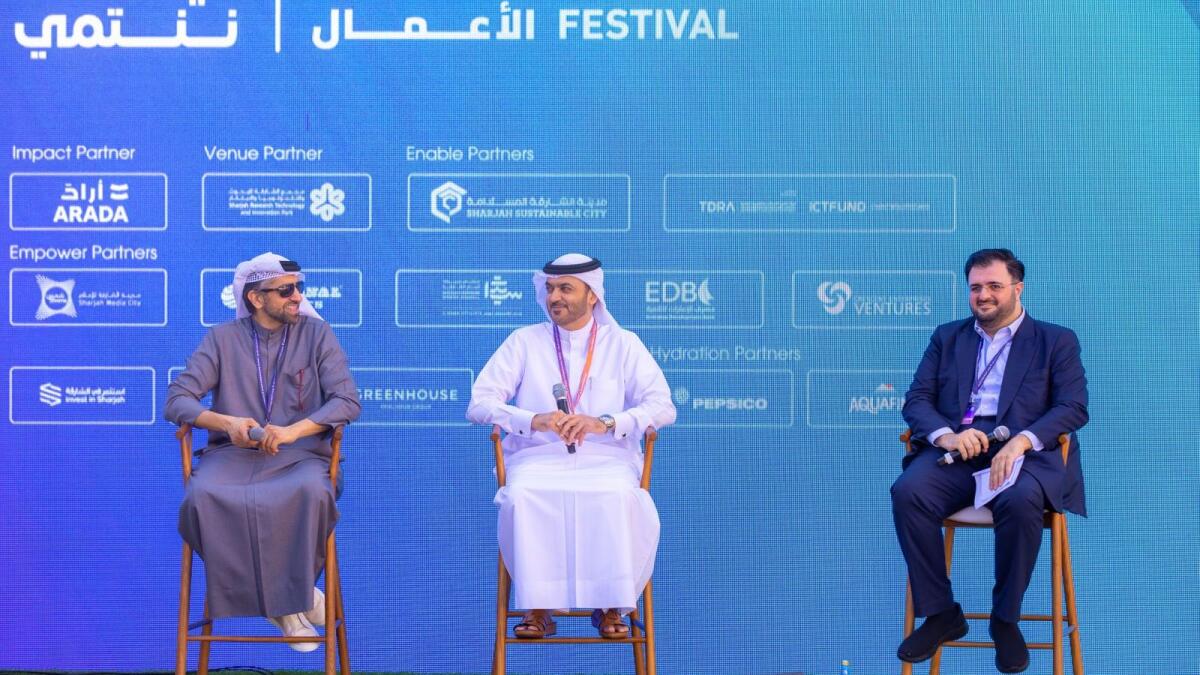 Sultan Sooud Al Qassemi, founder, Barjeel Art Foundation; Dr Khalid Al Midfa, CEO, Sharjah Media City (Shams); and Abdulsalam Haykal, CEO, Haykal Media, during a session titled ‘The power of media in shaping cultural identity’. — Supplied photo