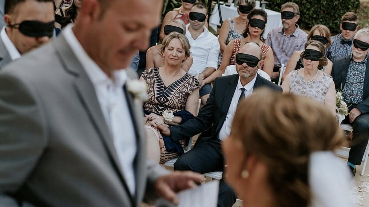 Groom blindfolds all guests at wedding; the reason will melt your heart