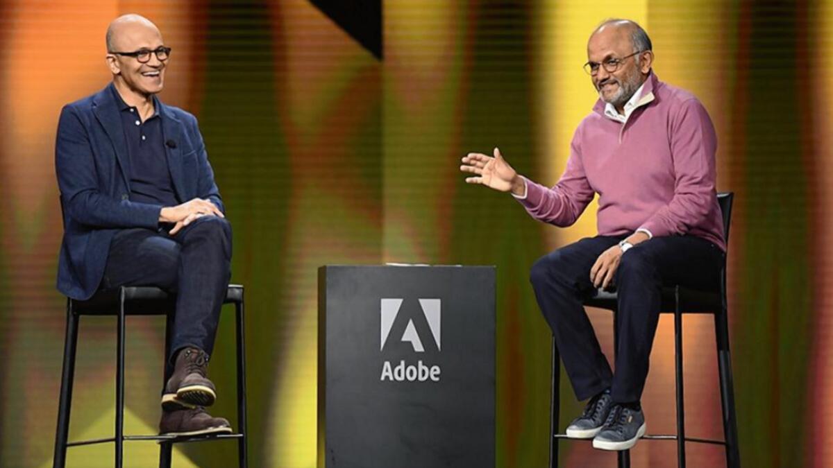 Microsoft CEO Satya Nadella and Adobe CEO Shantanu Narayen. — AP file