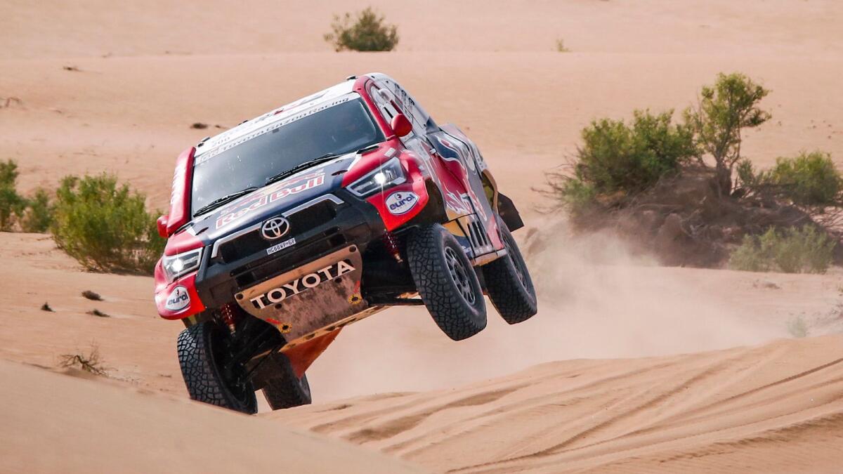 Nasser Al Attiyah completed a hat trick of fastest stage times with Mathieu Baumel in a Toyota Hilux. (Supplied photo)