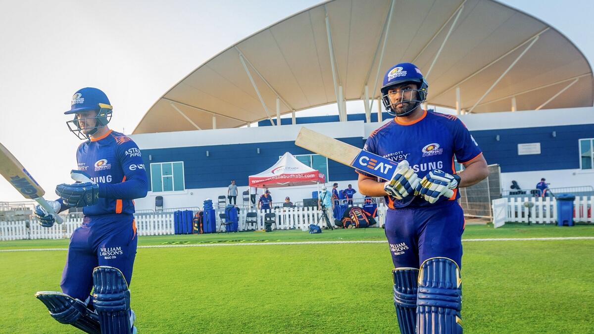 Mumbai Indians captain Rohit Sharma (right) goes out to bat during a practice match. (MI Twitter)