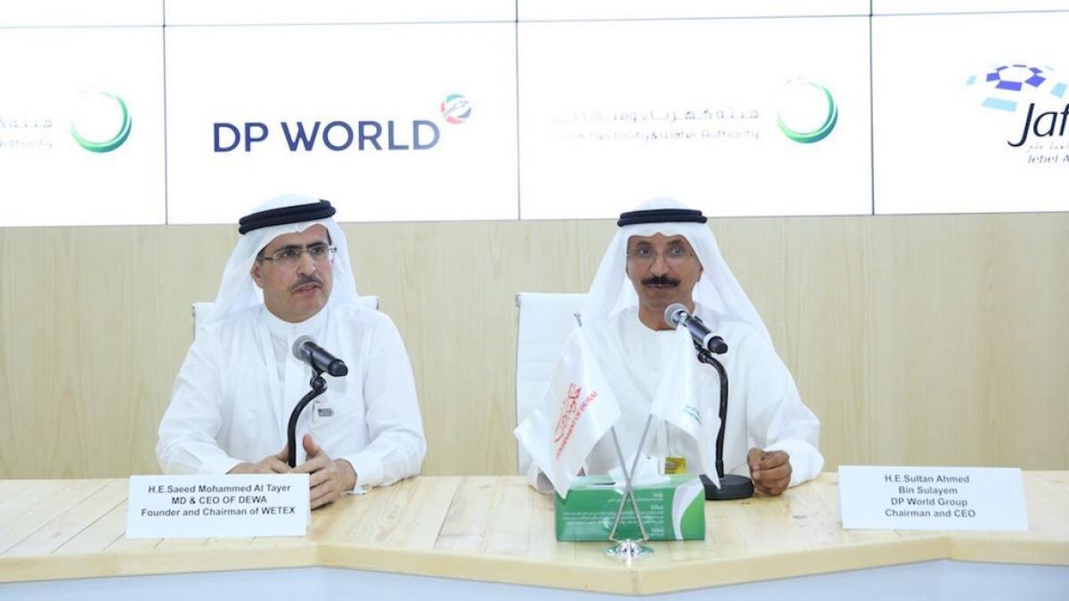 Sultan Ahmed bin Sulayem and Saeed Mohammed Al Tayer attend Wetex 2016 in Dubai on Wednesday.