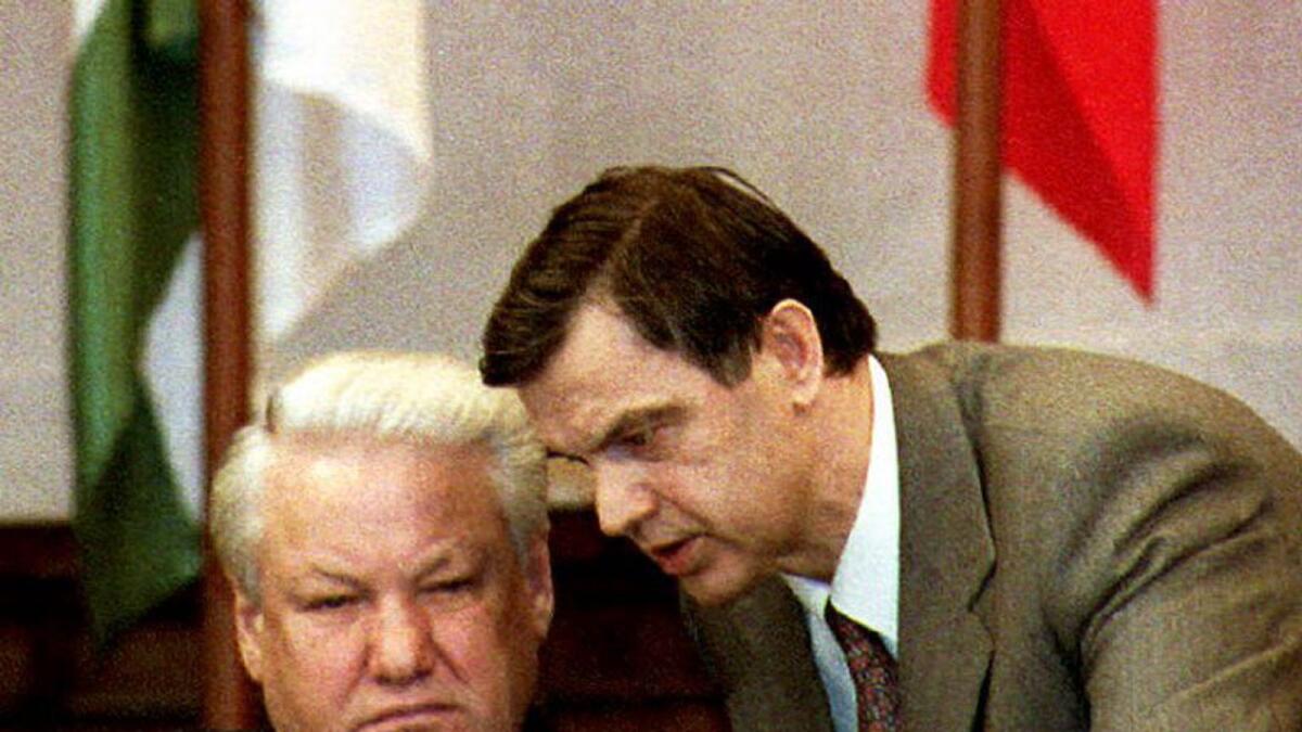 Former Soviet Parliament Chairman Ruslan Khasbulatov (right) with late Russian President Boris Yeltsin. – AFP
